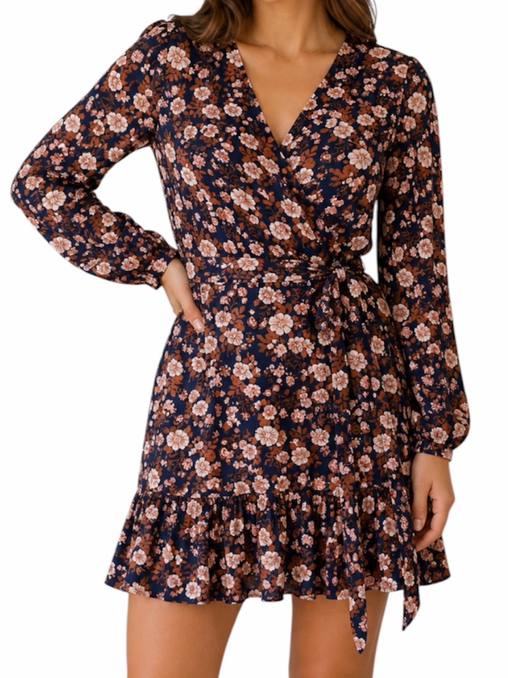 ALYA Navy Floral Ruffle Wrap Dress with Long Sleeves
